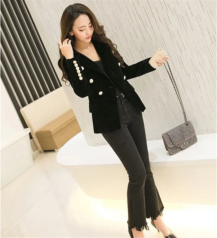 2016 New Spring Fashion Women Midnight Navy Slim Velvet Blazer Jacket Double Breasted simple Lady Blazers (4)