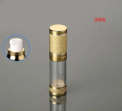 

Hot empty 30ML gold airless bottle plastic,1 lounceotion bottle with airless pump gold LID for Cosmetic Packaging