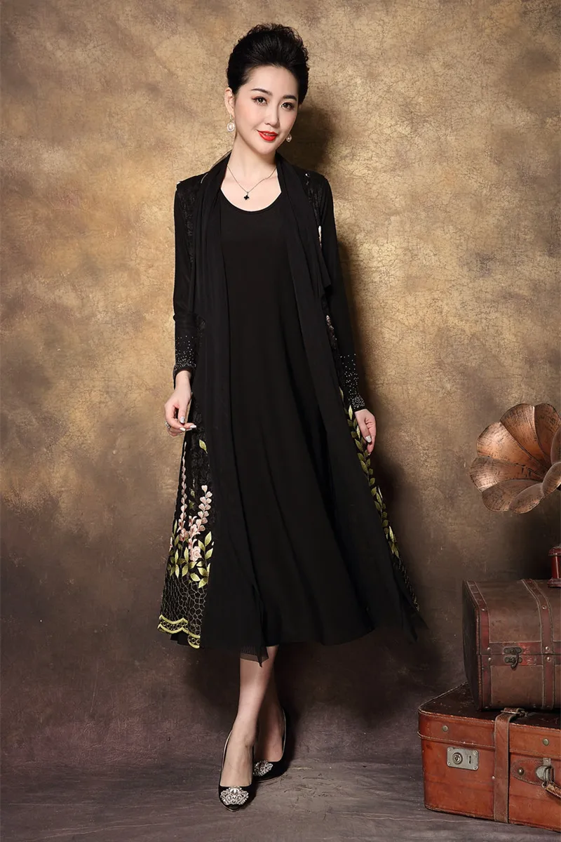 Весеннее Элегантное Длинное Платье для мамы, Ретро стиль, вышивка, стразы, два предмета, платье для женщин среднего возраста, вечернее платье, плюс размер 4XL