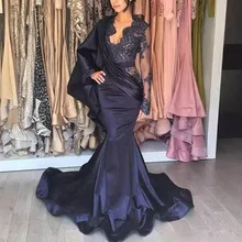 Navy Blue V Neck Mermaid Evening Dresses Long Lace abiye 2019 Chic Evening Gowns Satin Sheer Bodice Formal Party Dress Navy Blue V Neck Mermaid Evening Dresses Long Lace abiye 2019 Chic Evening Gowns Satin Sheer Bodice Formal Party Dress