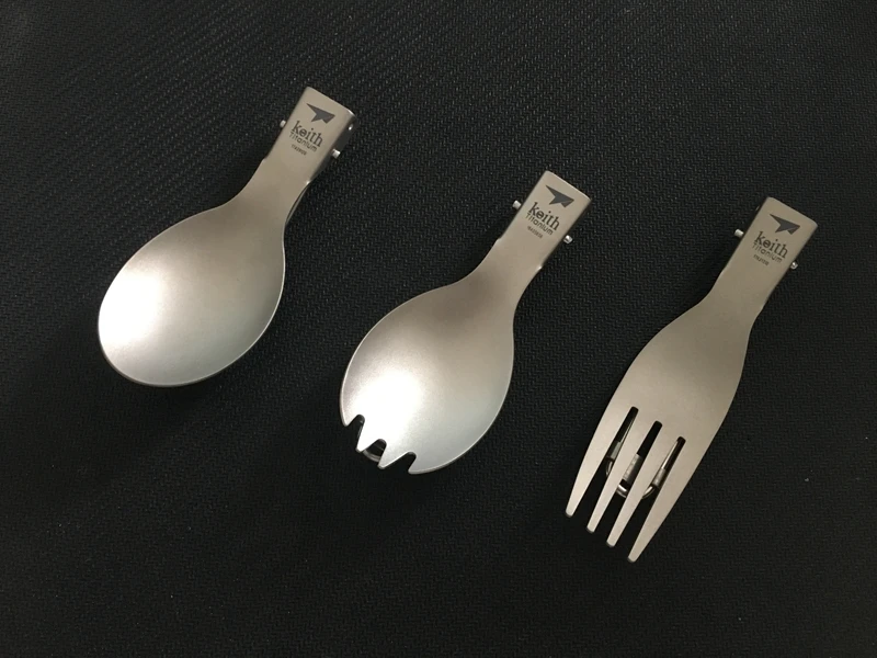 Conjuntos com Flanela Acampamento ao ar Conjunto de Talheres 3 em 1 Keith Titanium Dobrável Colher Garfo Spork Talheres Bolsas Livre 3 Peças 4 talheres acampamento ao ar livre conjunto de talheres 3 peças