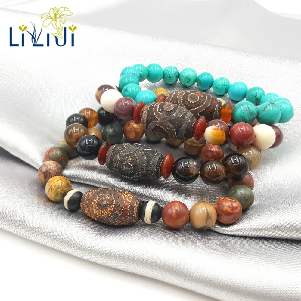 

LiiJi Unique Natural Stone Picasso Jaspers Labradorite etc. &Carved Tibetan Three Eye DZI Beads Bracelet For Men Accessories
