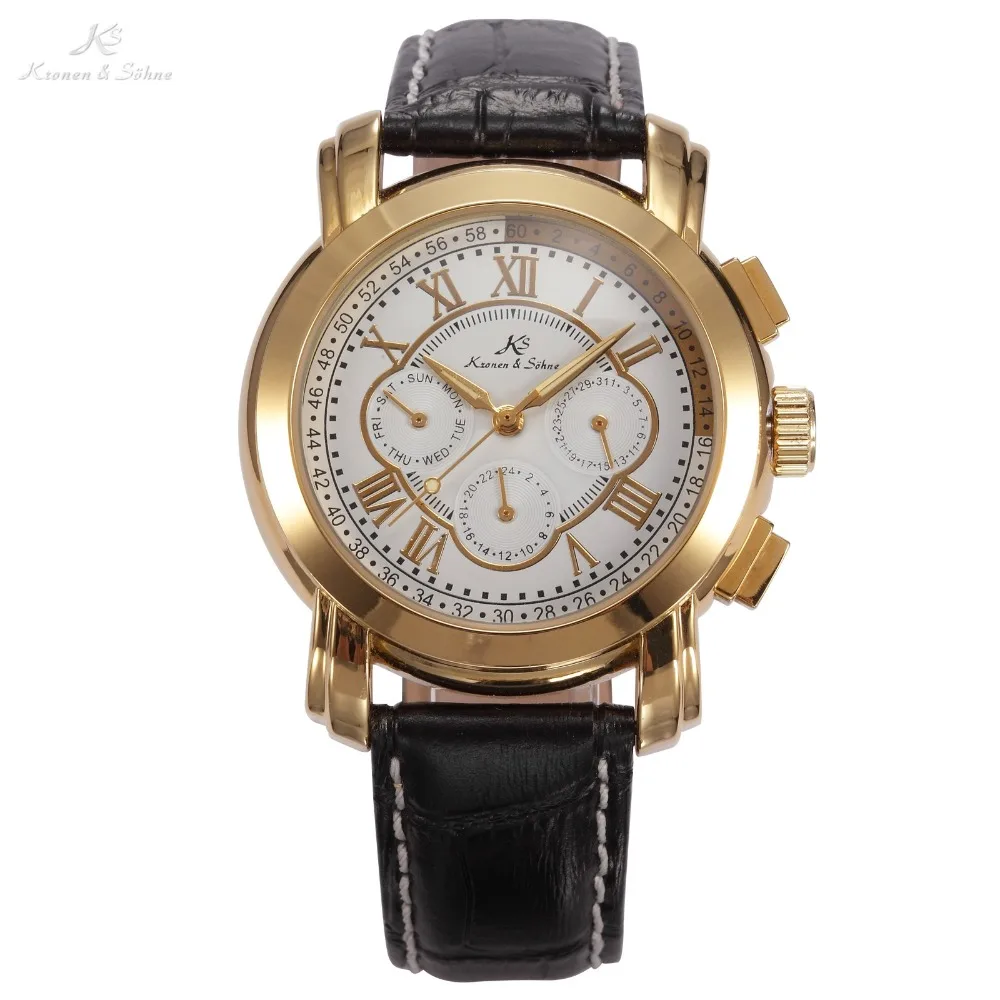 

KS Brand 6 Hands Date Day Stainless Steel Case Metal Buckle Leather White Golden Auto Mechanical Men Self-Wind Watch Gift /KS047
