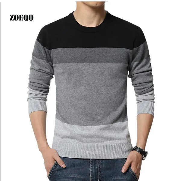 

ZOEQO Men's sweaters new Slim round neck sweater Fashion stripes stitching large size men's warm pullover men casual jumper