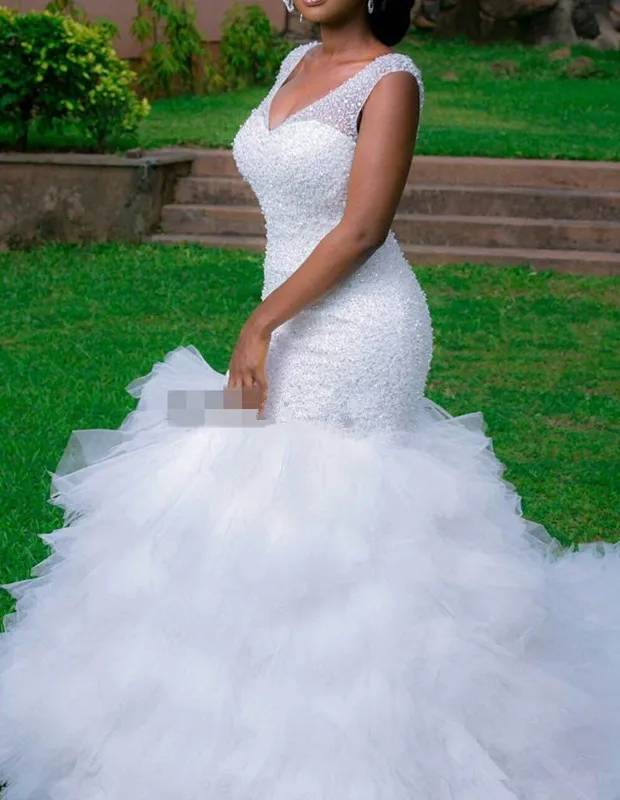 South African Vestido De Noiva Muslim Wedding Dresses Mermaid V-neck Tulle Ruffles Beaded Boho Gown Bridal Dress | Свадьбы и