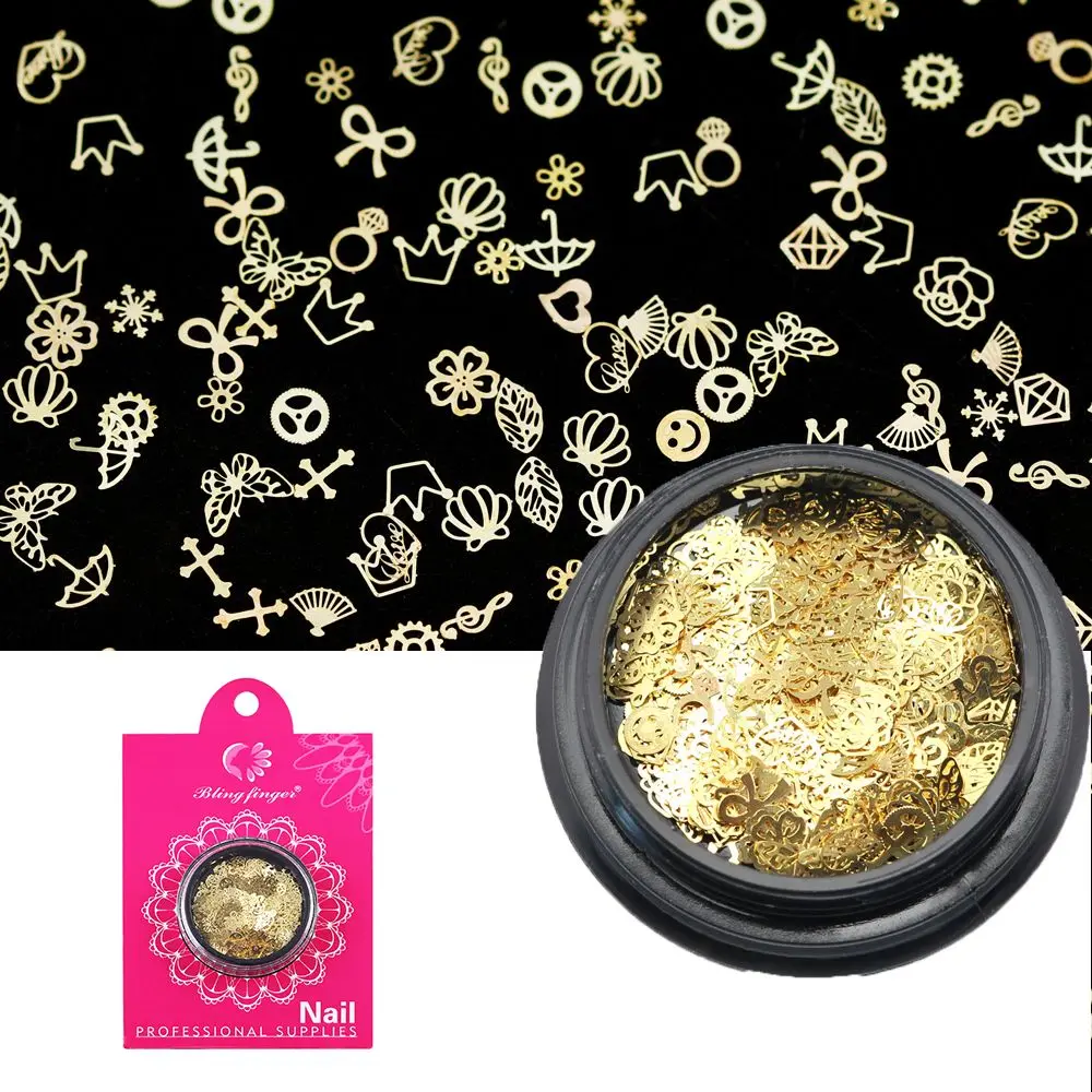 

400pcs/box Hollow Metal Studs Rivets Smile Cross Diamond Crown Nail Glitter Sequins Mixed Shape DIY Art Tips Manicure Decoration