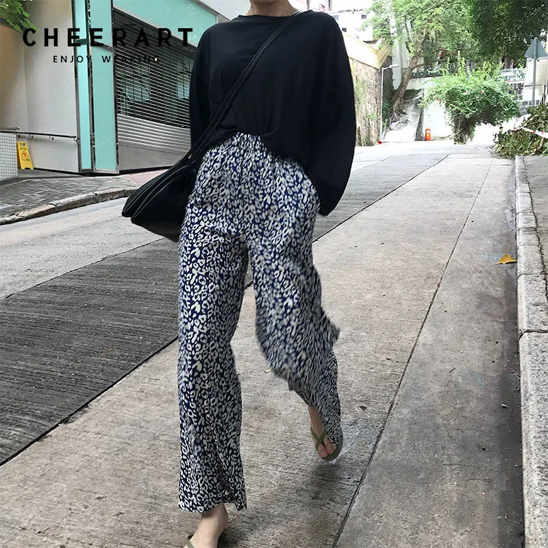 Cheerart Leopard Print Pants Women Loose Elastic Casual Wide Leg Ankle