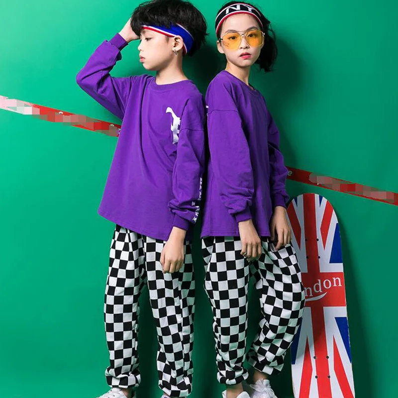 Детская фиолетовая одежда для хип-хопа с длинным рукавом, Повседневная рубашка, свободные костюмы для джазовых танцев для мальчиков и девочек, одежда для бальных танцев