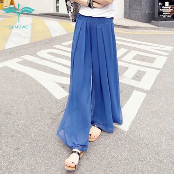 

Oumowei Wide Leg Pants Women Summer Loose Casual Plus Size Chiffon Pants Solid Color Elastic Waist High Waist Trousers