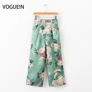 

VOGUEIN New Womens Retro Floral Print Pockets Green Wide-Legging Pants Trousers Wholesale