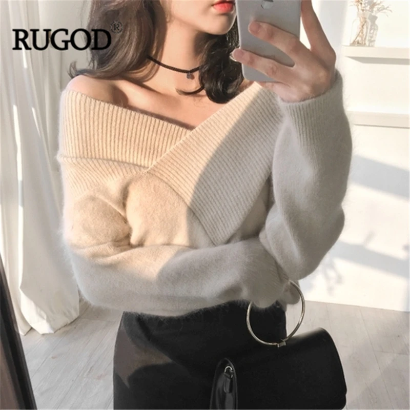 

RUGOD Korea V-Neck Off Shoulder Lmitated Mink Wool Plush Pullover Sweater Comfortable Fashion Elegant Loose Sweater For Women