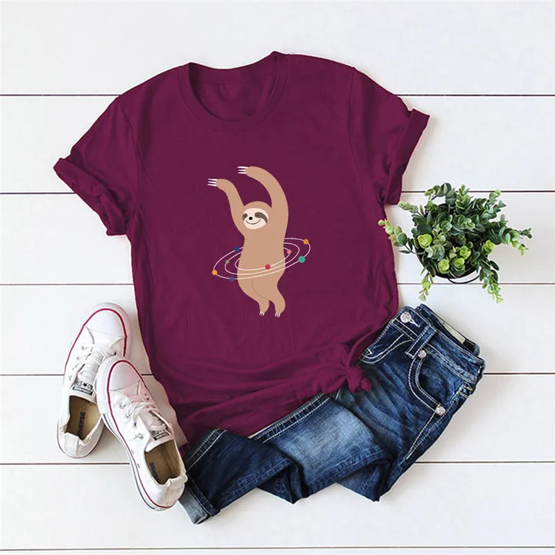

Plus Size S-5XL Lovely Sloth Print T Shirt Women Shirts 100% Cotton O Neck Short Sleeve Summer T-Shirt Tops Casual Pink TShirt
