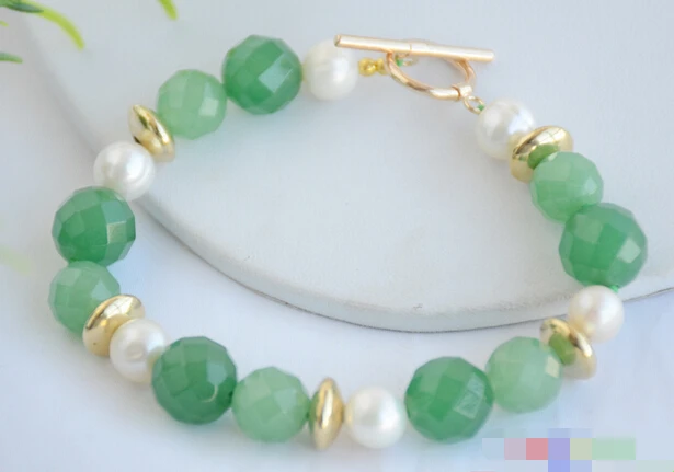 

free shipping 12640 round faceted green jade white freshwater pearl bracelet