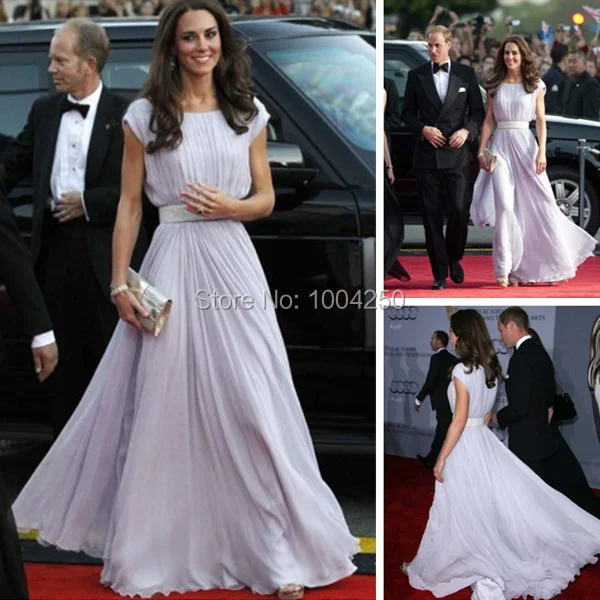 

Kate Middleton Straight Column Bateau Pleat Short Sleeve Violet Chiffon Red Carpet Celebrity/Prom Dresses with Beading Belt