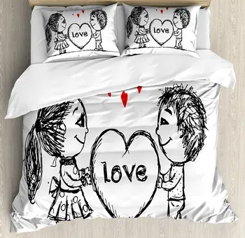 

Love Duvet Cover Set Sketch Couple Holding a Giant Heart Abstract Cute Little Characters Lovers Decorative 4 Piece Bedding Set