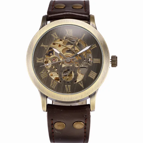 Механические часы для мужчин SHENHUA Ретро бронзовые спортивные Роскошные Топ брендовые кожаные часы Скелет автоматические часы Relogio Masculino - Цвет: NEW C1