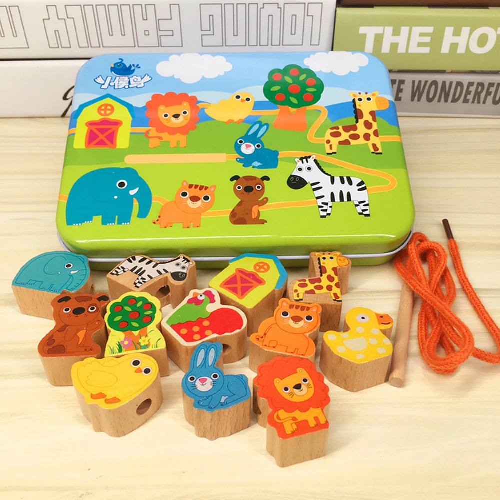 Деревянные игрушки для детей Мультяшные животные фрукты детские деревянные блоки растягивающиеся Резные Бисер для игр обучающая игрушка