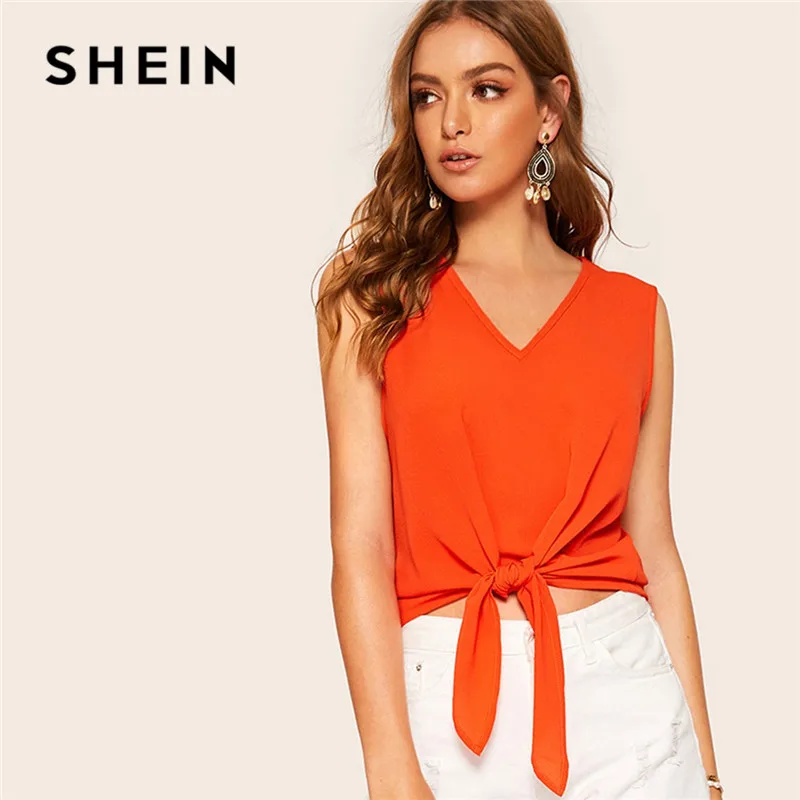 

SHEIN Neon Orange Knot Front Tank Tops Women Summer V Neck Solid Weekend Casual Asymmetrical Hem Ladies Tops Woman Clothes