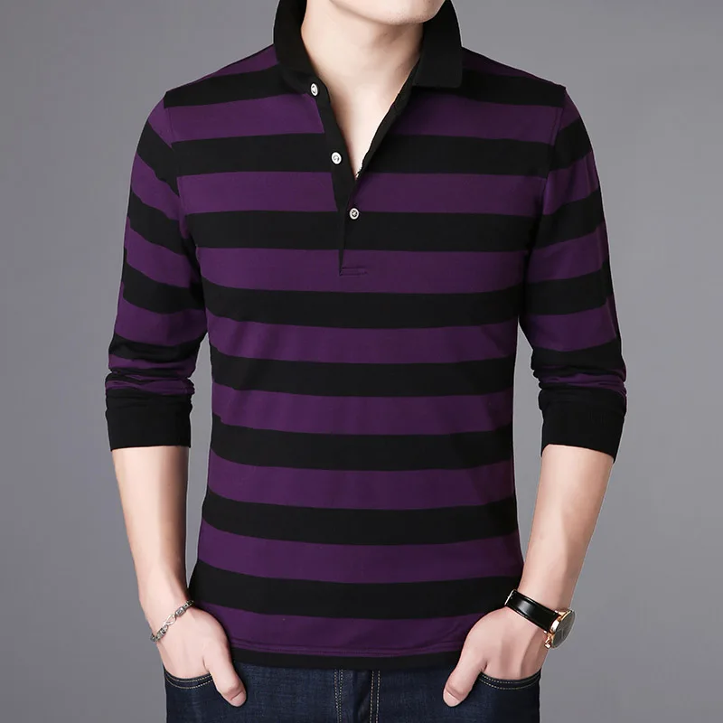 Новинка, модная брендовая мужская рубашка поло высшего класса, приталенная рубашка с длинным рукавом и полосатым воротником, повседневная мужская одежда - Цвет: Фиолетовый