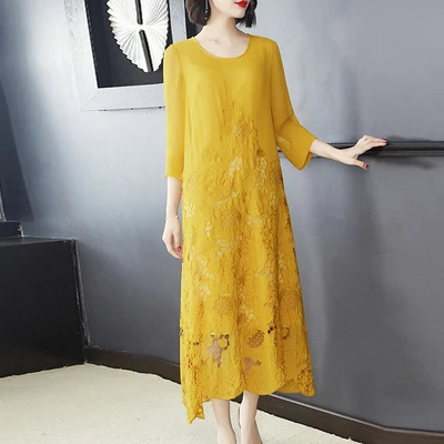 Брендовое винтажное элегантное платье, новое весеннее летнее женское свободное шелковое платье трапециевидной формы, женское шелковое платье с вышивкой - Цвет: yellow