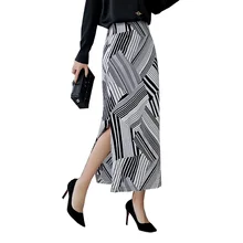 Винтажная полосатая Женская юбка с разрезом сбоку, длинная юбка весна лето OL миди-юбка с высокой талией для работы 3020LY