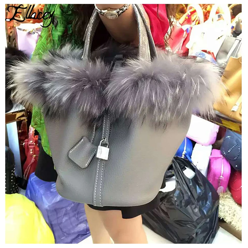 Сумка ведро Ellacey Женская из натуральной кожи с лисьим мехом|women bucket bag|bucket bagtote bag |