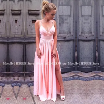 

Pink A-line V-neck Prom Dress 2019 Cheap Elegant Long Floor Length Formal Evening Dress Party Gowns With Split Cocktail Dresses