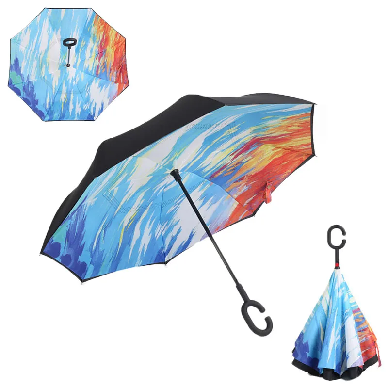 Реверсивные Зонты для двухслойного зонта, тканевые перевернутые зонты с ручкой, ветрозащитный зонтик с длинной ручкой, дождевик - Цвет: Colorful