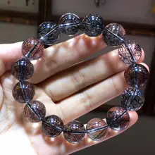 Genuine Natural Black Rutilated Quartz Crystal Clear Round Beads 15mm Wealthy Stone Bracelet For Women Men From Brazil AAAAA lii ji natural stone black onyx agate clear quartz crystal with jade clasp bracelet for women party