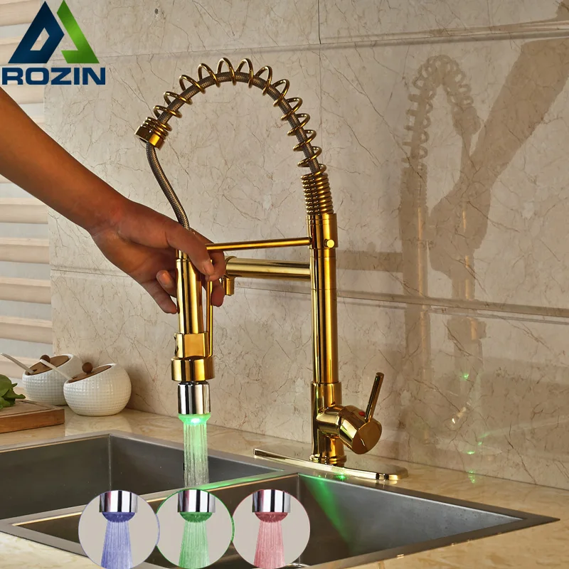 

Wholesale and Retail LED Light Golden Kitchen Faucet Deck Mounted Single Lever Spring Pull Down Mixer Taps