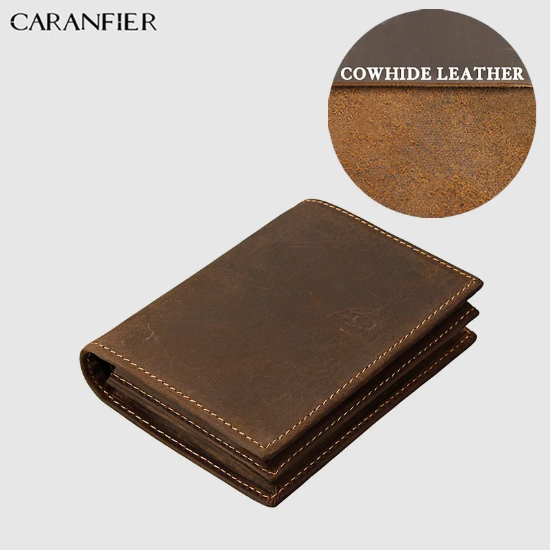 Coffee-1 CARANFIER, мужской кошелек Crazy Horse, Повседневный, из натуральной яловой кожи, Стандартный, многофункциональный, RFID, держатель для карт, фото, кошелек для монет в долларах - Цвет: Coffee-1