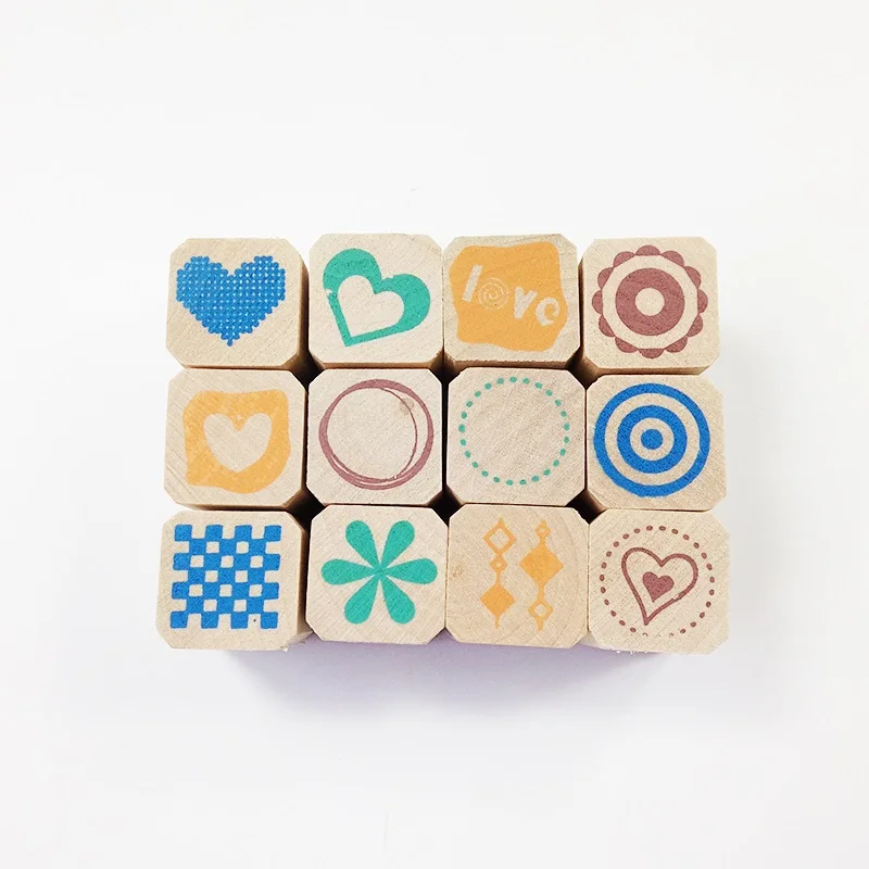 12 Pcs/set Cute Wooden Box Diary DIYStamp Set Wood Stamps For Kids Decor Diary Scrapbooking Rubber Stamp