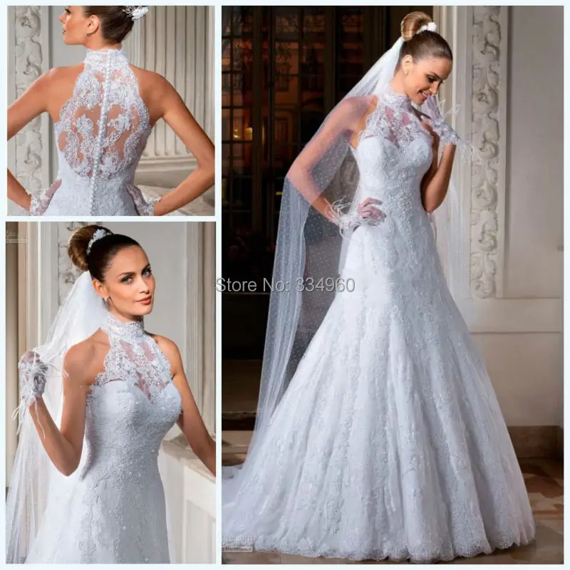 2014 High Collar Lace Mermaid Cvered Button Wedding Bridal Gown Dresses Sweep Train Church Party Embroidery | Свадьбы и торжества