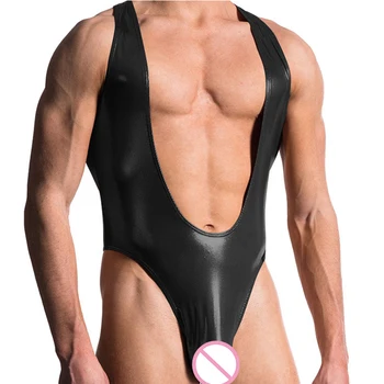 

Sexy Men Faux Leather Wet Look Jumpsuit Men Thong and G String Gay Underwear Jockstrap Erotic Lingerie Men Night Club Wear