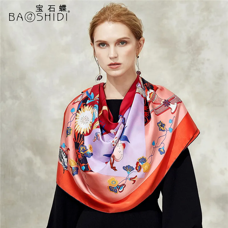 [BAOSHIDI] осень Новое поступление, 16 момме Шелковый атласный шарф, 106*106 квадратные шарфы для женщин, модный дизайнерский бесконечный женский платок - Цвет: 1021180294