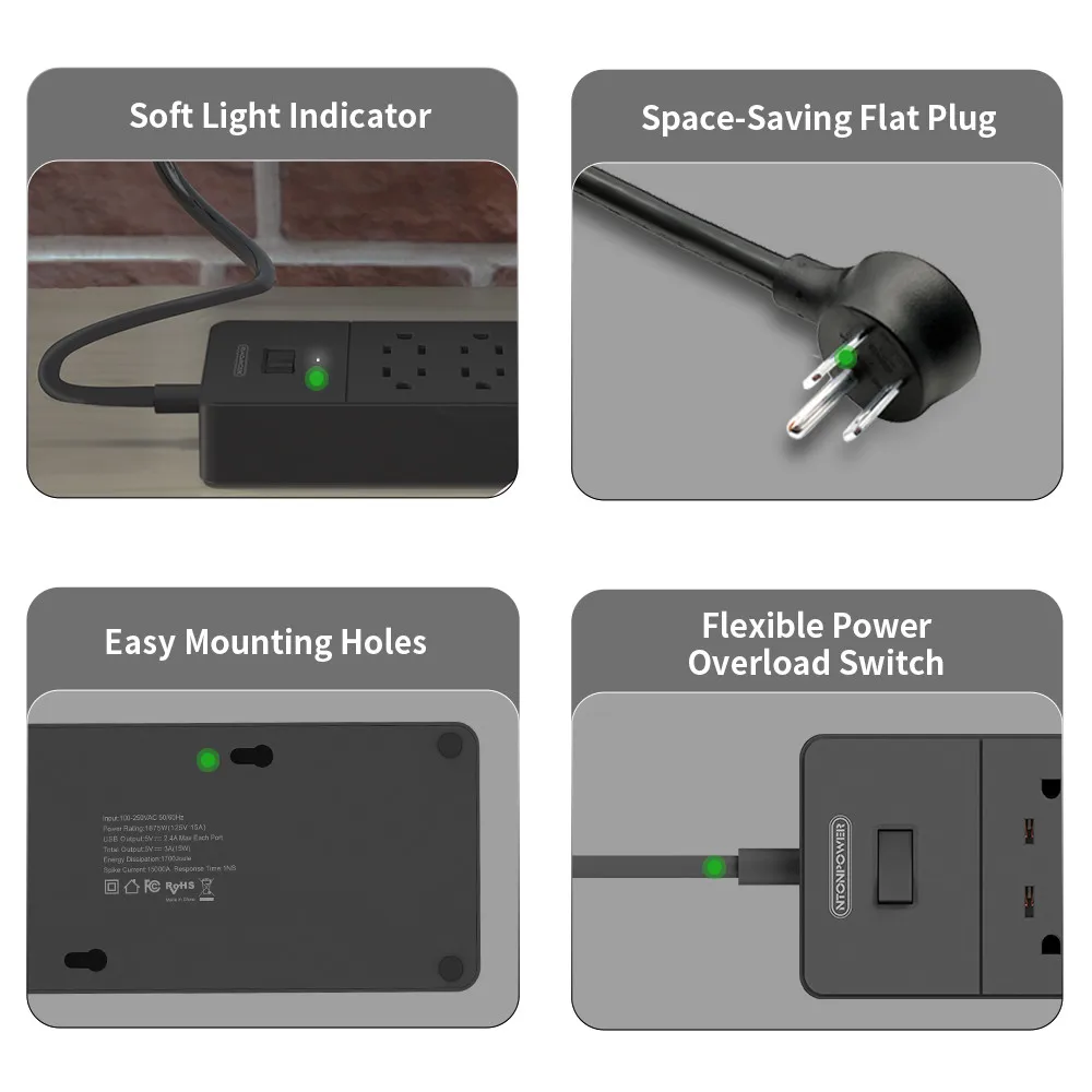 NTON силовая умная силовая лента настенная 6 AC 4 USB зарядная станция Защита от перенапряжения США вилка с 1,5 м Шнур питания для офиса