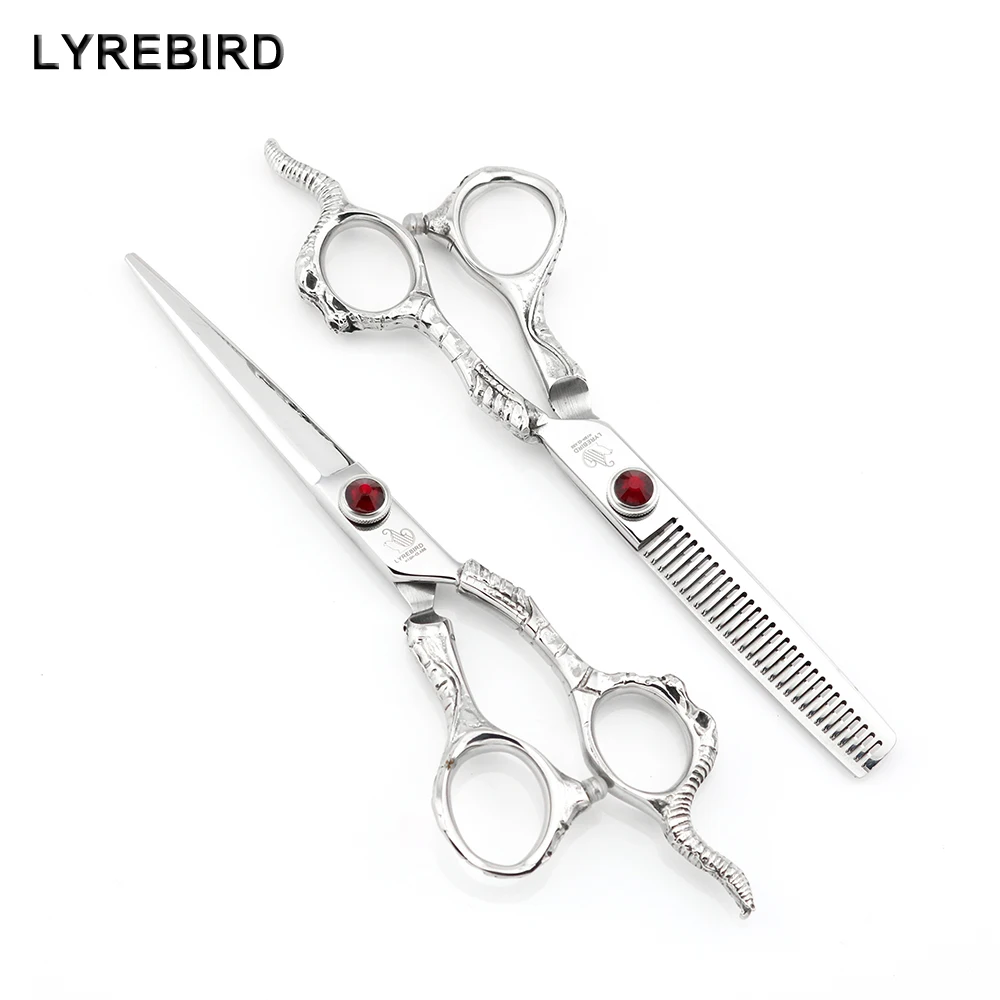 

Professional hair scissors 6 INCH Japan 440C Barber scissors Red stone Goat horns handle Lyrebird HIGH CLASS NEW