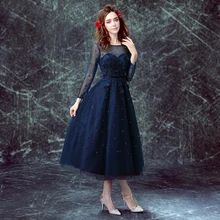 Платье для выпускного вечера Элегантное синее с круглым вырезом с длинным рукавом А-силуэта платья женские вечерние короткие на заказ большие размеры Vestidos de gala E225