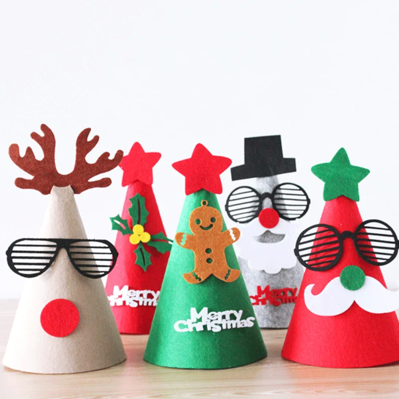

13 * 21cm Lovely Variety of Non-woven Christmas Hats DIY White Green Red Gingerbread Man Snowman Elk Santa Claus Pattern Party