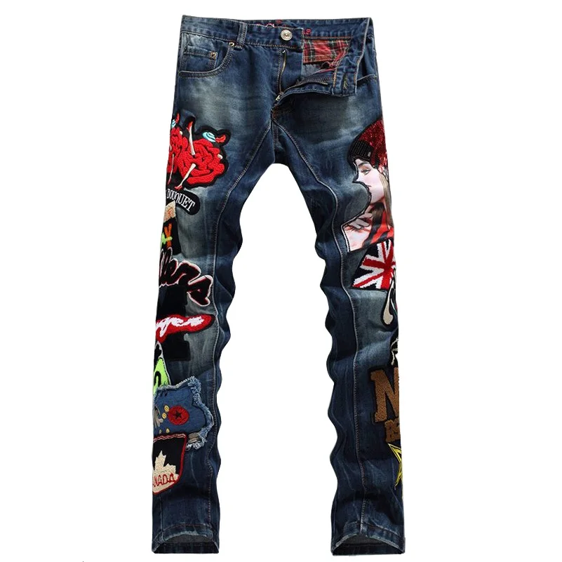 Men's fashion beauty girl English flag denim Elastic Biker man jeans