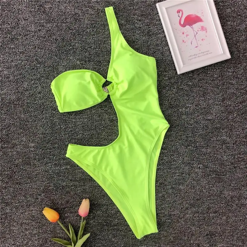 Bikinx один плечо неоновый зеленый купальник женский цельный костюм с высоким вырезом пуш-ап купальник женский купальный костюм Лето купальный костюм