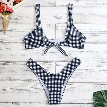 

Swimwear Women New Checkered Bikinis Tie Knot Front Bathing Suits Swimsuit Push-Up Padded Beachwear Bikini Set Thong 2810