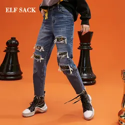 Эльф SACK новый негабаритных джинсы для женщин женские хлопковые повседневное полной длины для мотобрюки Mid плоские трикотажные