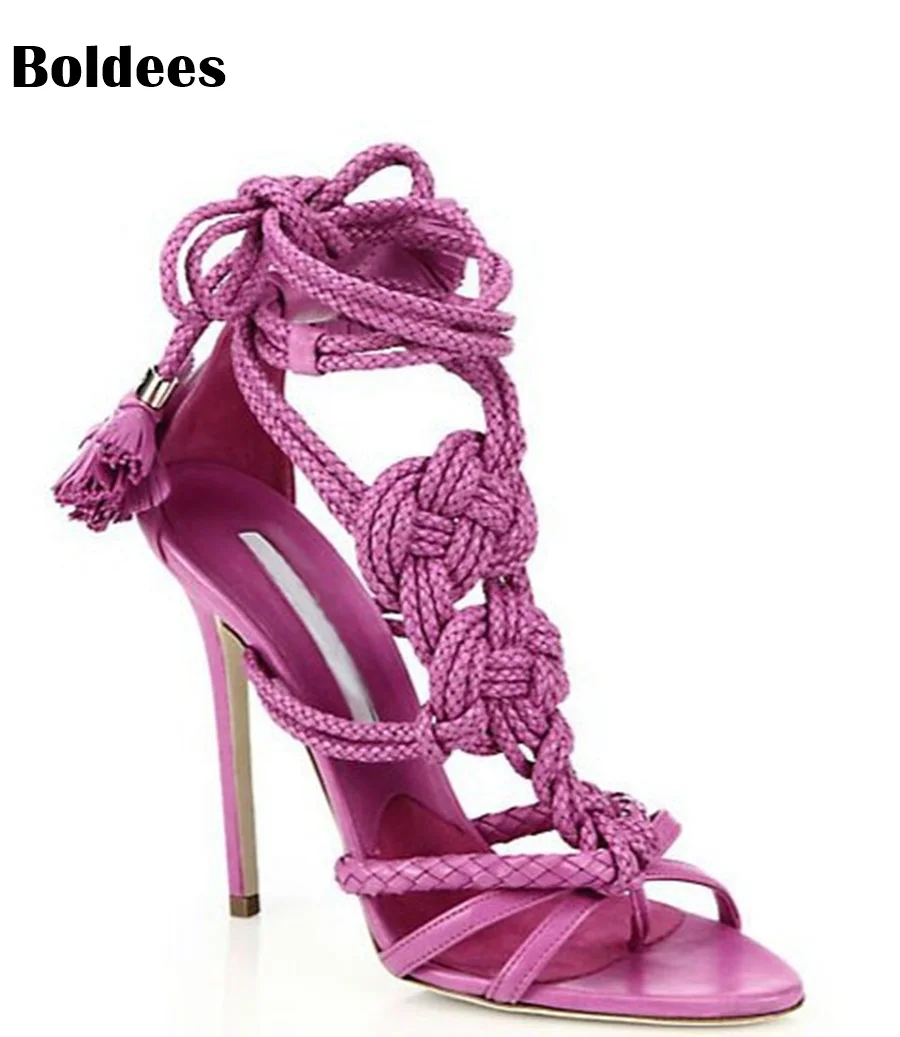 

Solid color multi hemp strap crisscross stiletto high heel sandals fashion ankle lace-up knot Women shoes