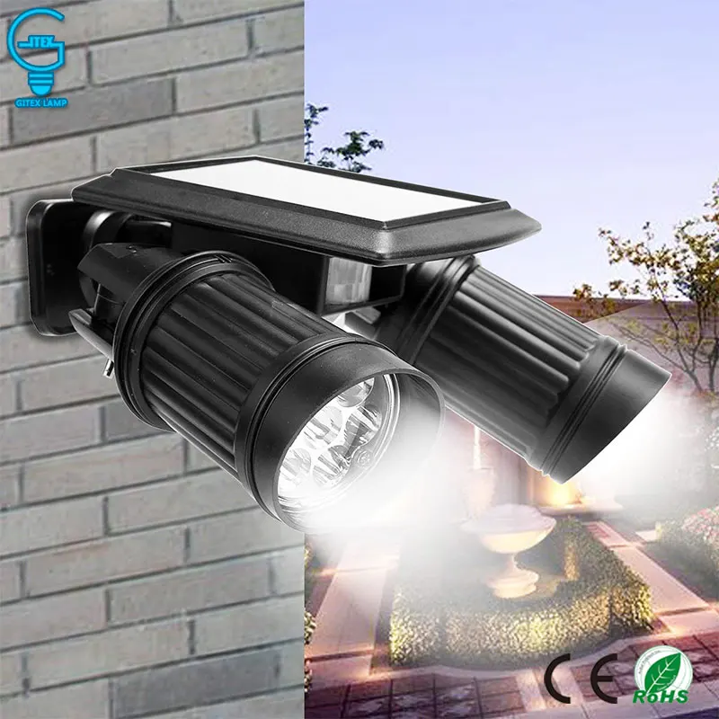 

Waterproof 14 LED Solar Light PIR Motion Sensor Wall Light Rotatable Double Dural Heads Outdoor Security Garden Street Light