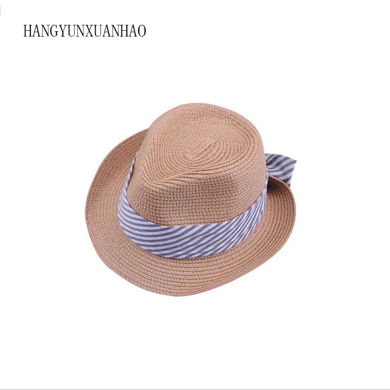 

Women Summer Sun Hat Flat Striped Bow Khaki Straw Cap Jazz Panama Caps Beach Seaside Fedora Hats For Women Chapeau