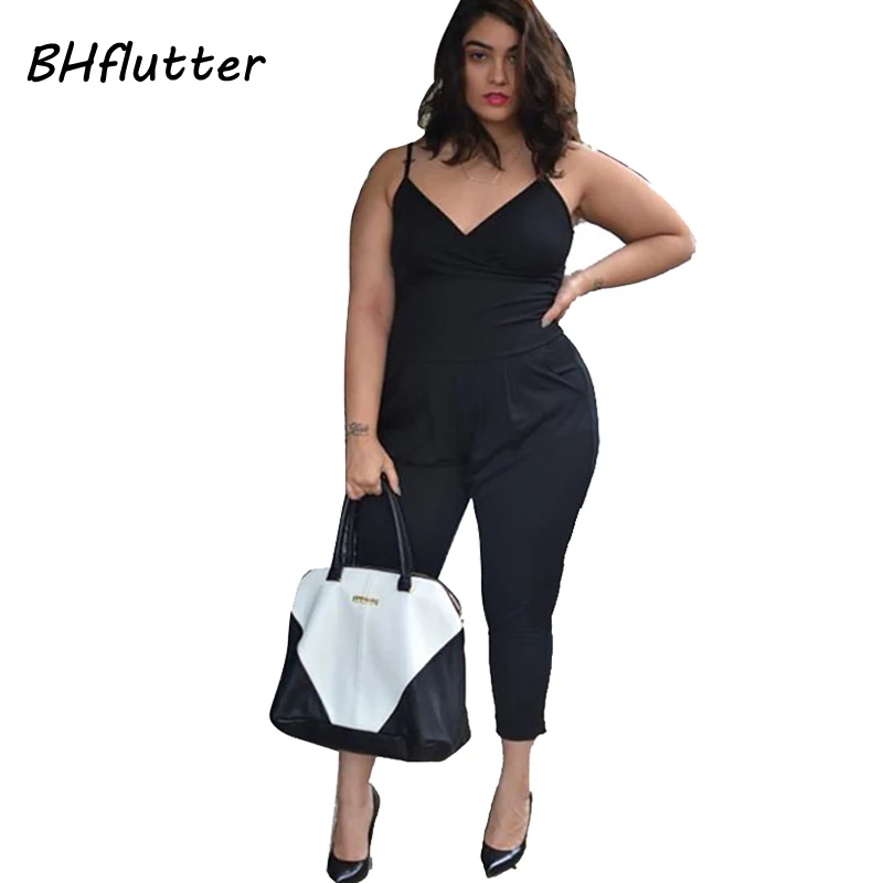 

BHflutter Women Rompers Black Sexy Bodysuit Plus Size XXL 3XL 4XL 2017 Spaghetti Strap Casual Summer Overalls Womens Jumpsuits