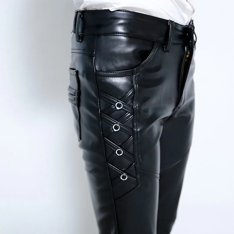 New Biker Skinny Men Gothic Punk Fashion Faux Leather Pants PU Buckles ...