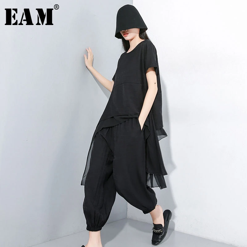 

[EAM] 2019 New Autumn Winter Round Neck Short Sleeve T-shirt Black Loose Wide Leg Pants Two Piece Suit Women Fashion JY33901