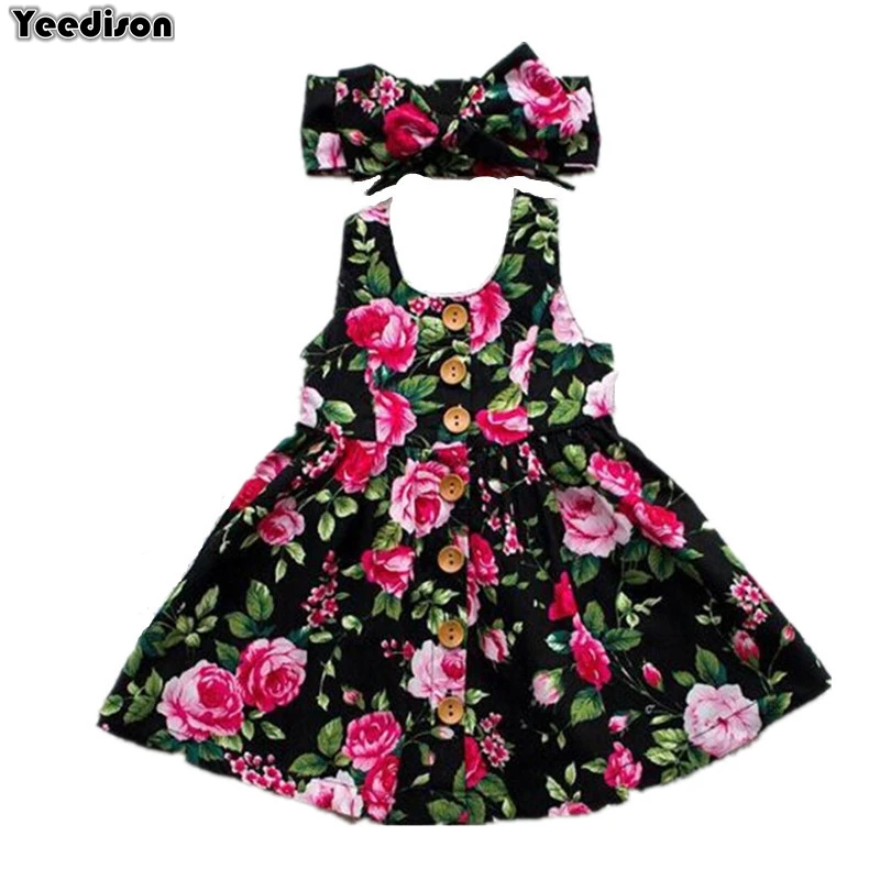 Fashion Toddler Girls Summer Clothing Set 2018 Baby Girl Clothes Floral Princess Dress Hairband Kids Suits 2Pcs Children Outfits (1)